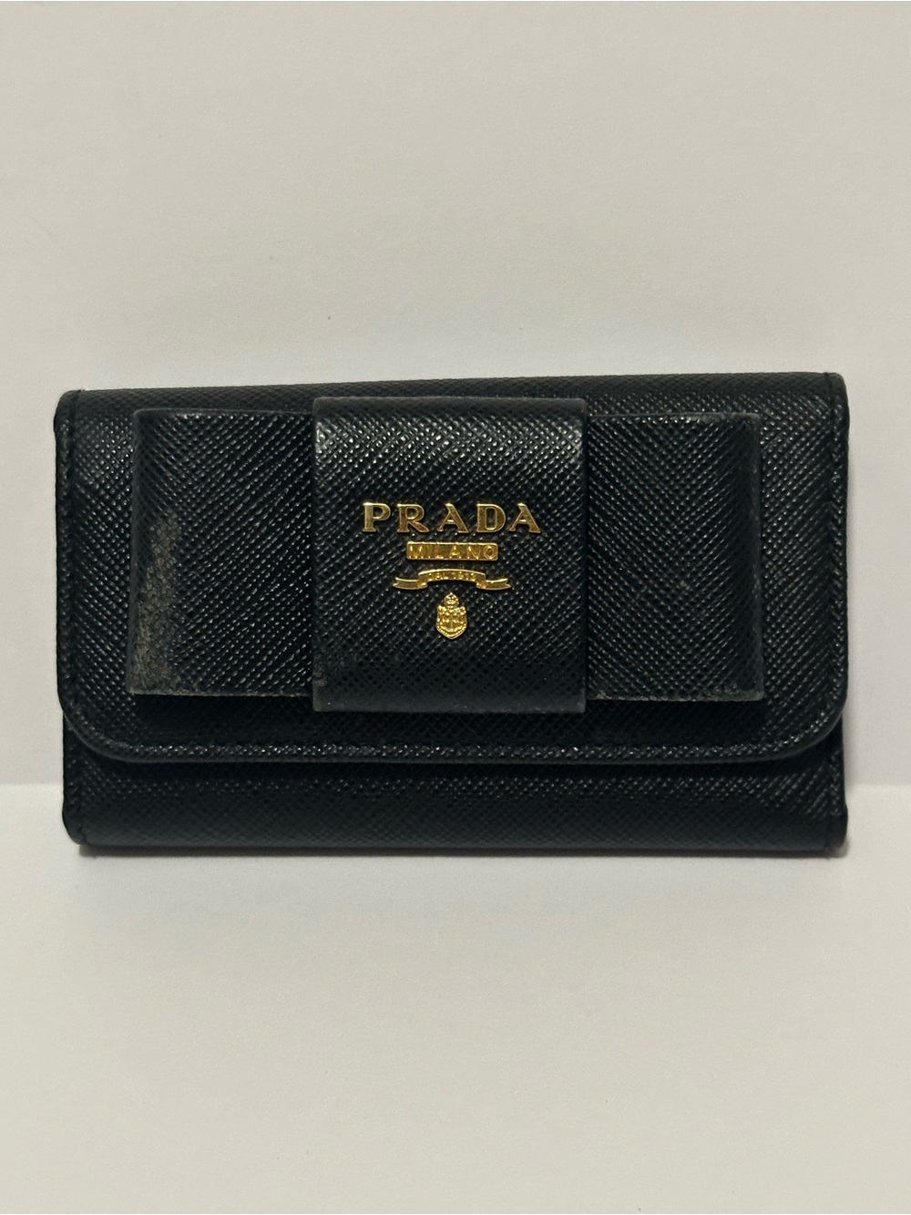 PRADA Black Saffiano Leather Bow Wallet with Gold Logo